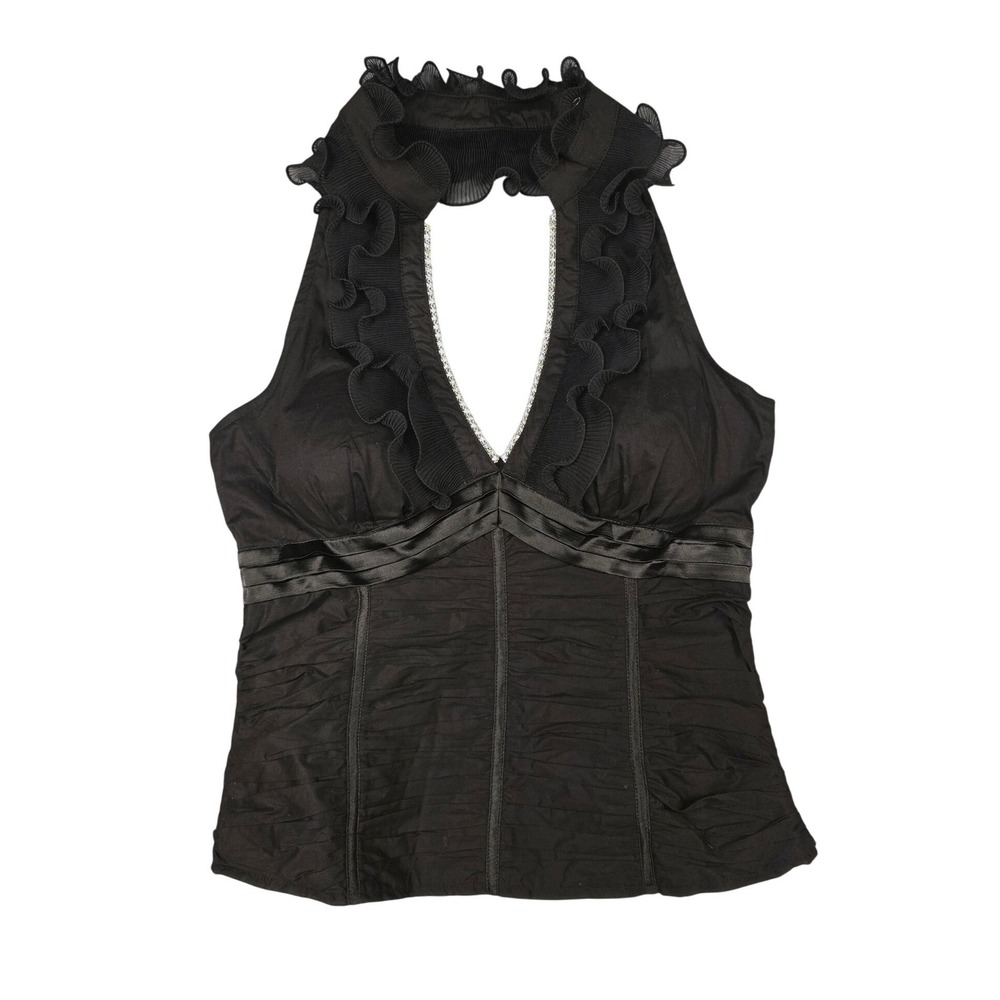 Oh YES Halter Top Women Large Black Y2K Ruffle Rhinestone V-Neck Ruched Clubwear